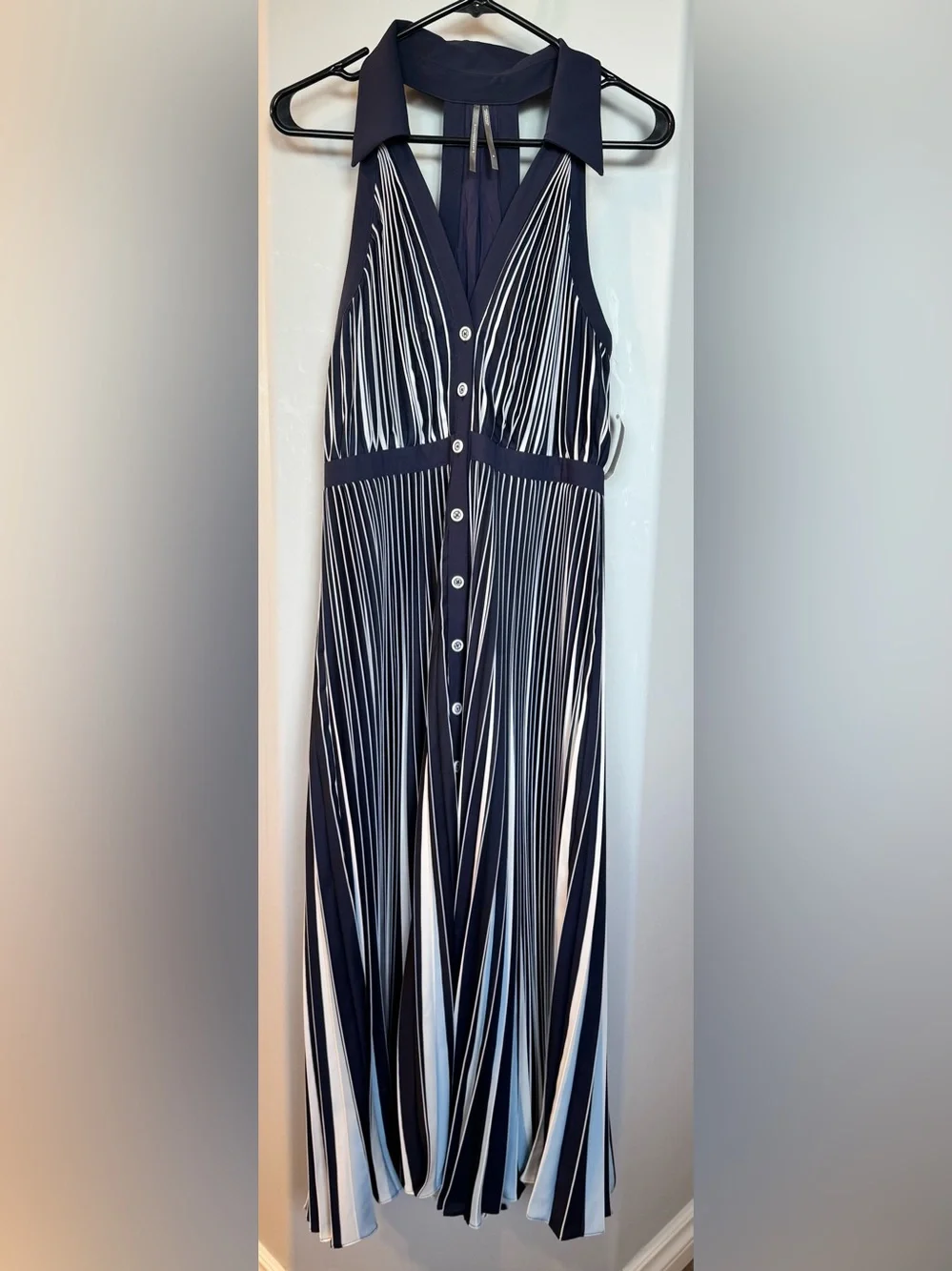Anthropologie Navy and White Striped Halter Midi Dress - Picture 2 of 7